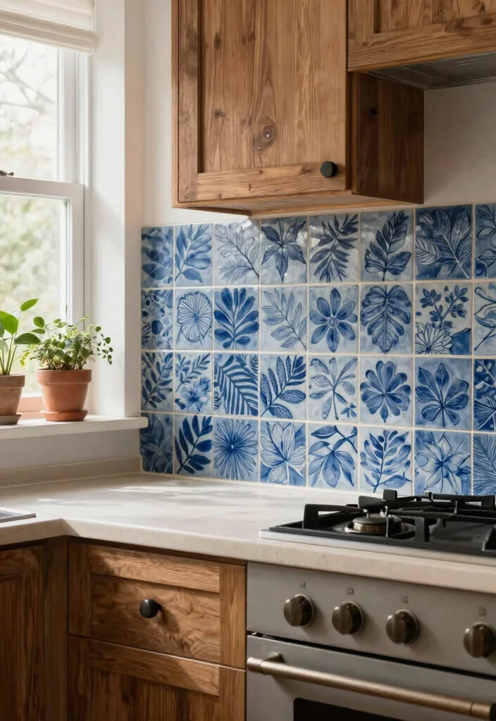 15 Blue Tiles Kitchen Ideas With Fresh Energy - 10. Patterns Inspired by Nature 1