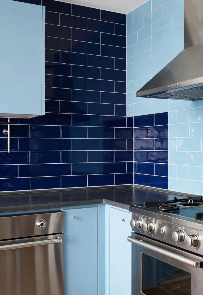 15 Blue Tiles Kitchen Ideas With Fresh Energy - 13. Cool Contrasts with Dark and Light Blues 1