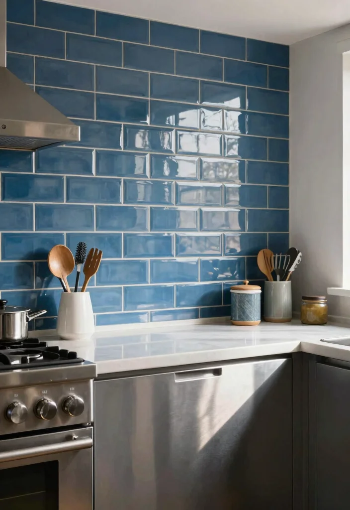 15 Blue Tiles Kitchen Ideas With Fresh Energy - 3. Glossy Blue Subway Tiles 1