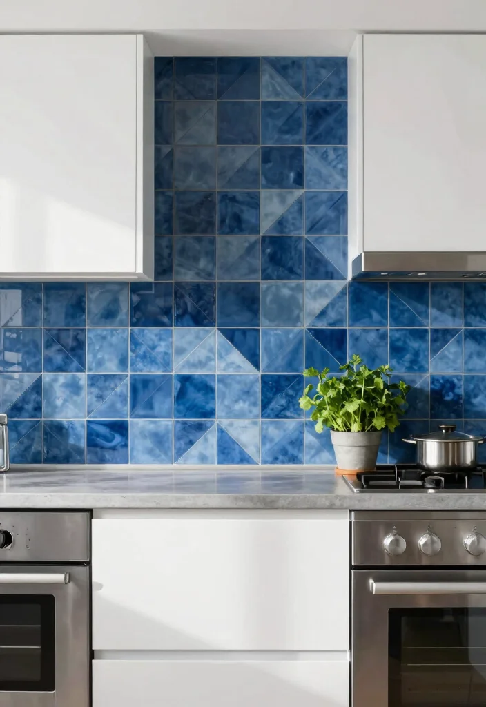 15 Blue Tiles Kitchen Ideas With Fresh Energy - 8. Geometric Patterned Tiles 1