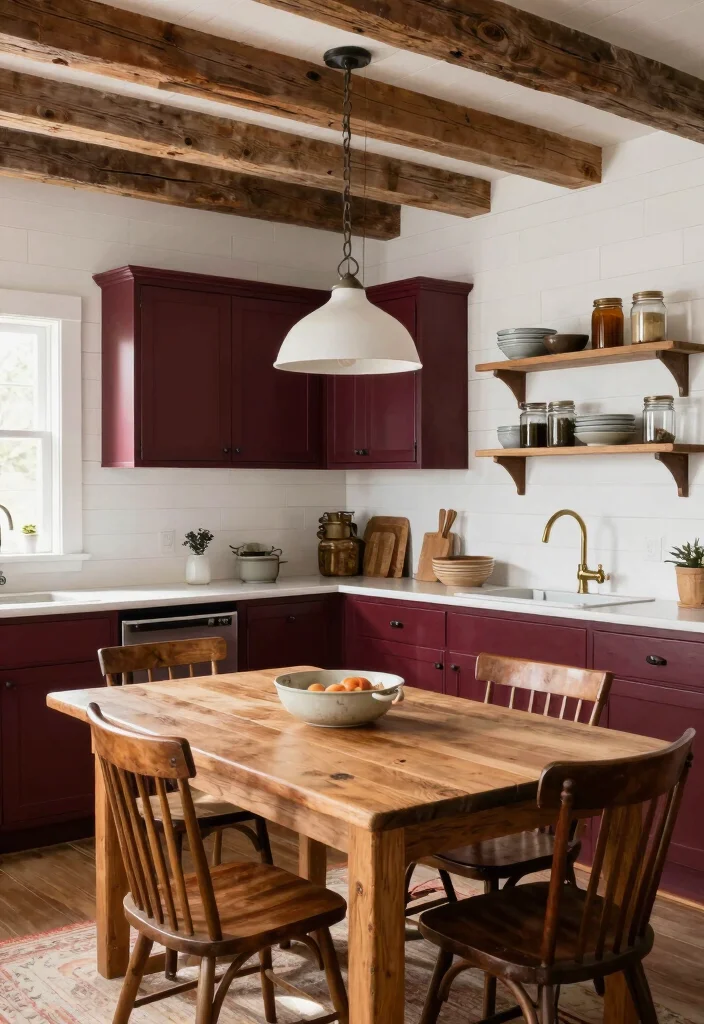 15 Burgundy Kitchen Cabinets Ideas With Bold Personality - 1. Classic Farmhouse Charm 1