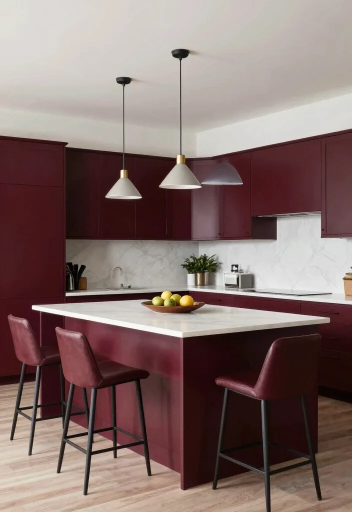 15 Burgundy Kitchen Cabinets Ideas With Bold Personality - 13. Statement Island 1