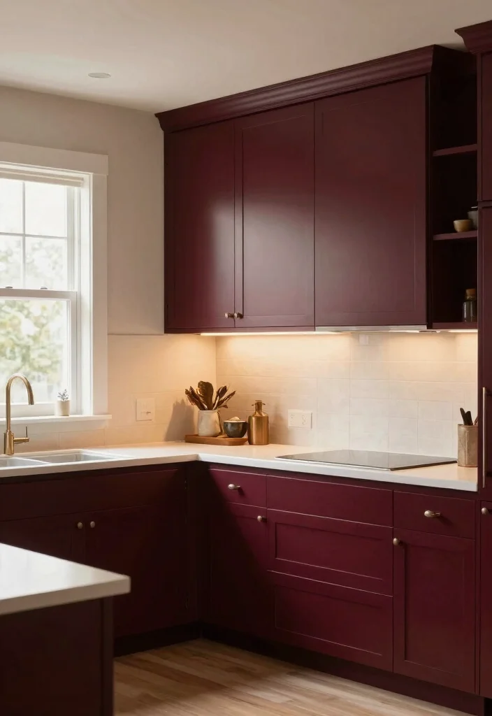 15 Burgundy Kitchen Cabinets Ideas With Bold Personality - 14. Layered Lighting 1
