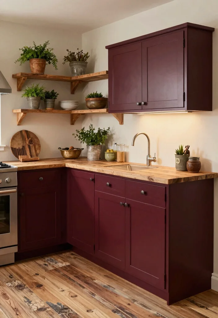 15 Burgundy Kitchen Cabinets Ideas With Bold Personality - 3. Warm Wood Accents 1