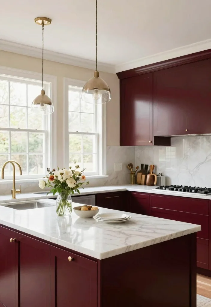 15 Burgundy Kitchen Cabinets Ideas With Bold Personality - 4. Elegant Contrast with Light Colors 1