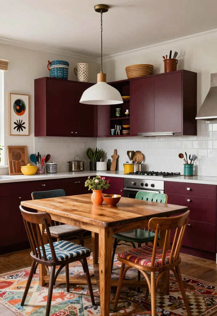 15 Burgundy Kitchen Cabinets Ideas With Bold Personality - 5. Eclectic Style Fusion 1