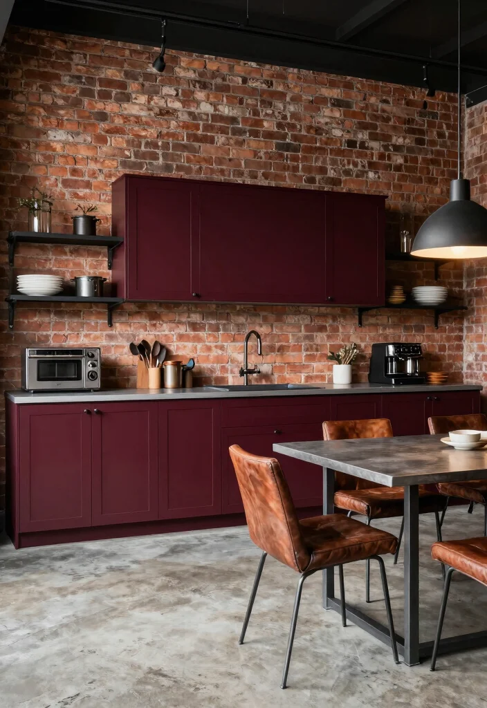 15 Burgundy Kitchen Cabinets Ideas With Bold Personality - 6. Rustic Industrial Chic 1
