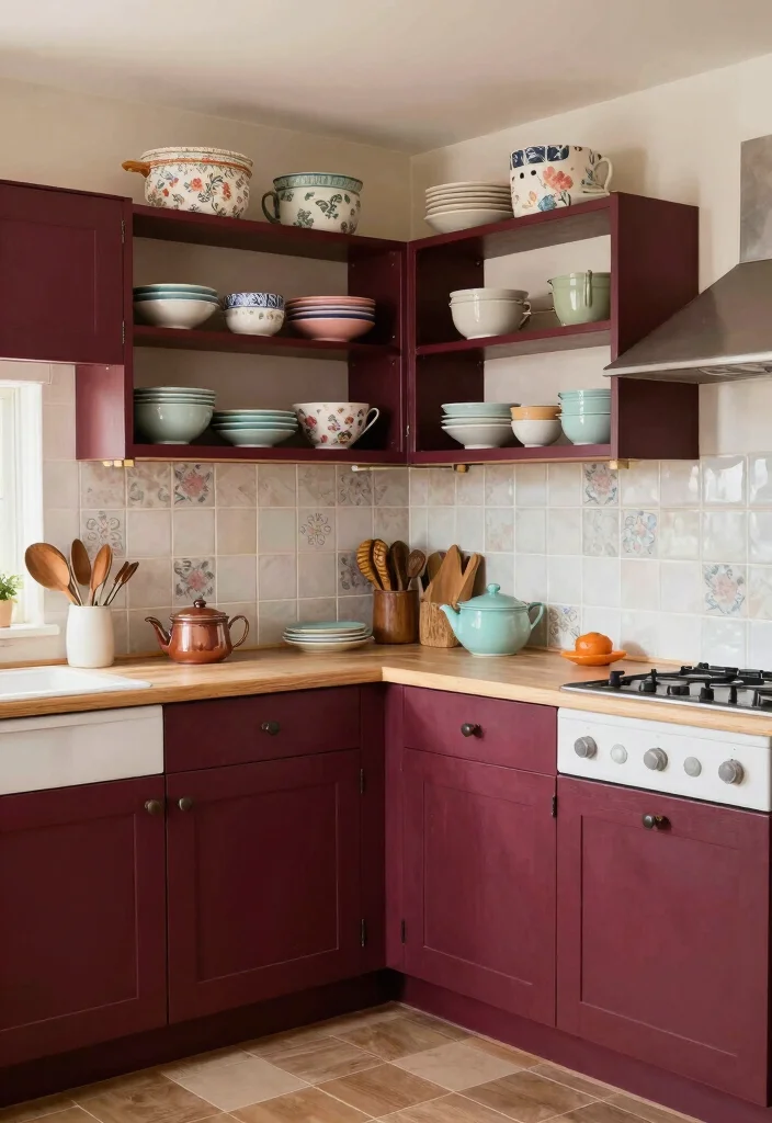15 Burgundy Kitchen Cabinets Ideas With Bold Personality - 7. Cozy Cottage Vibe 1