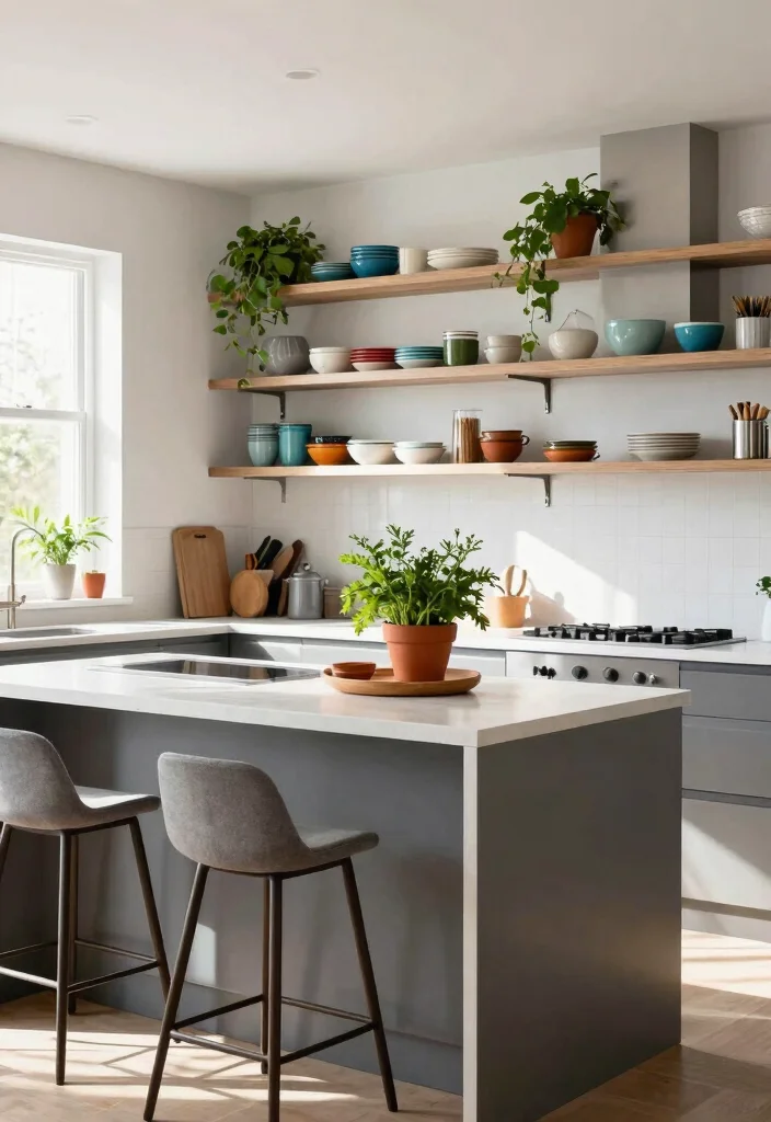 15 Small Island Kitchen Ideas That Improve Flow - 3. Open Shelves Above the Island 1