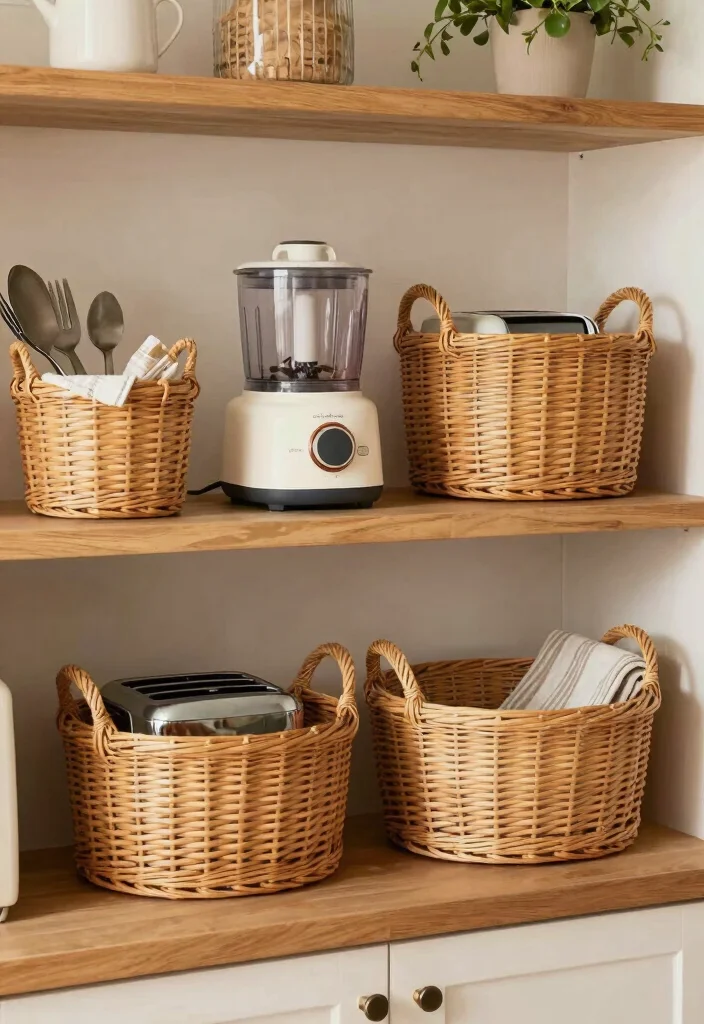 15 Small Kitchen Appliance Storage Ideas That Reduce Clutter - 7. Decorative Baskets 1