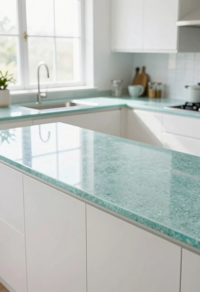 15 White Countertops Kitchen Ideas With Clean Bright Style - 8. Eco-Friendly Choices: Recycled Glass 1