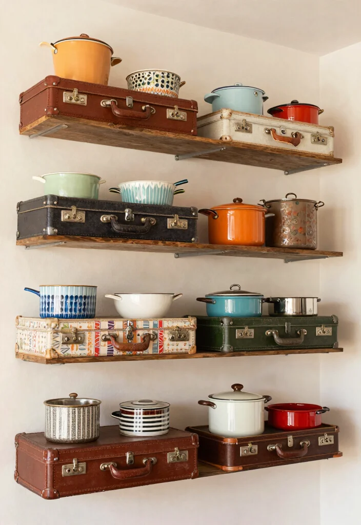 15 Wooden Shelves Kitchen Ideas With Simple Elegance 12 15 Wooden Shelves Kitchen Ideas With Simple Elegance - 12. Vintage Suitcase Shelves for Whimsical Touch 1