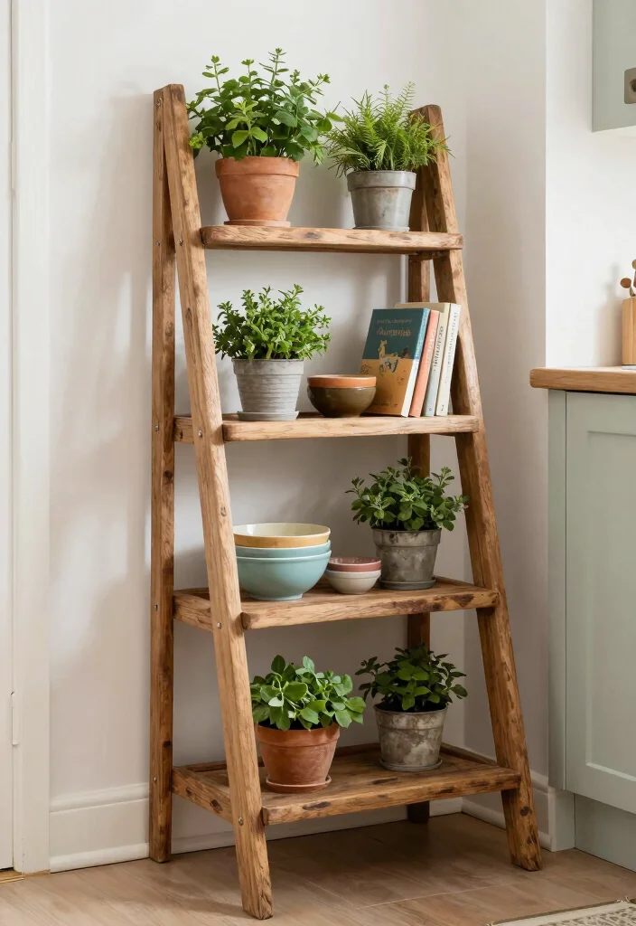 15 Wooden Shelves Kitchen Ideas With Simple Elegance 2 15 Wooden Shelves Kitchen Ideas With Simple Elegance - 2. Rustic Ladder Shelf for a Unique Touch 1
