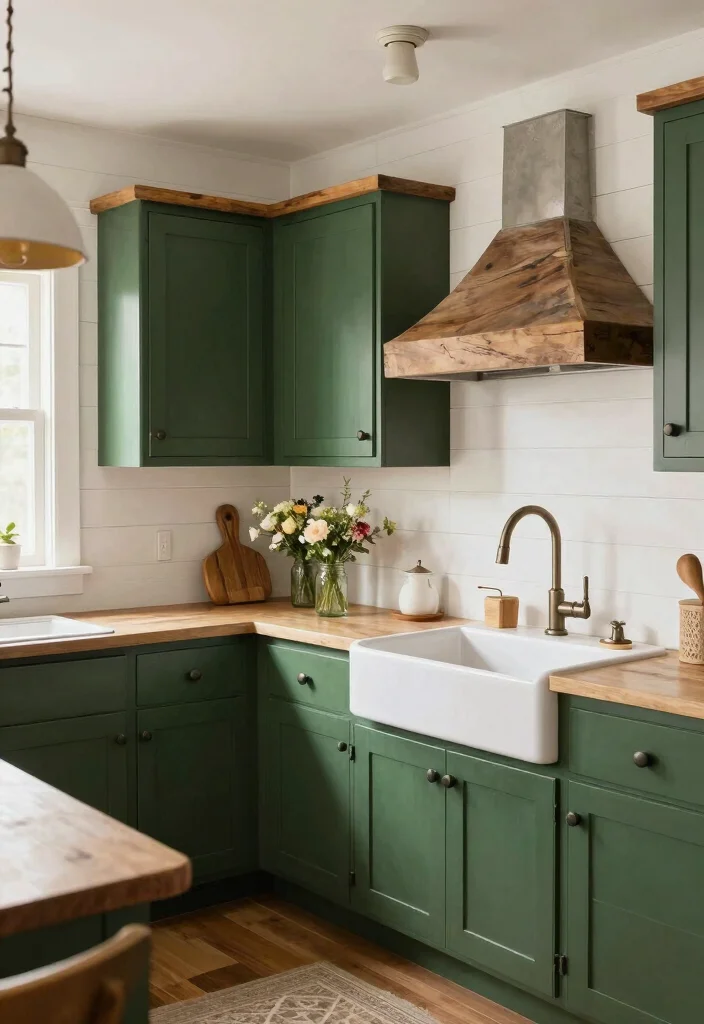16 Dark Green Kitchen Cabinets Ideas With Moody Depth - 11. Farmhouse Style 1