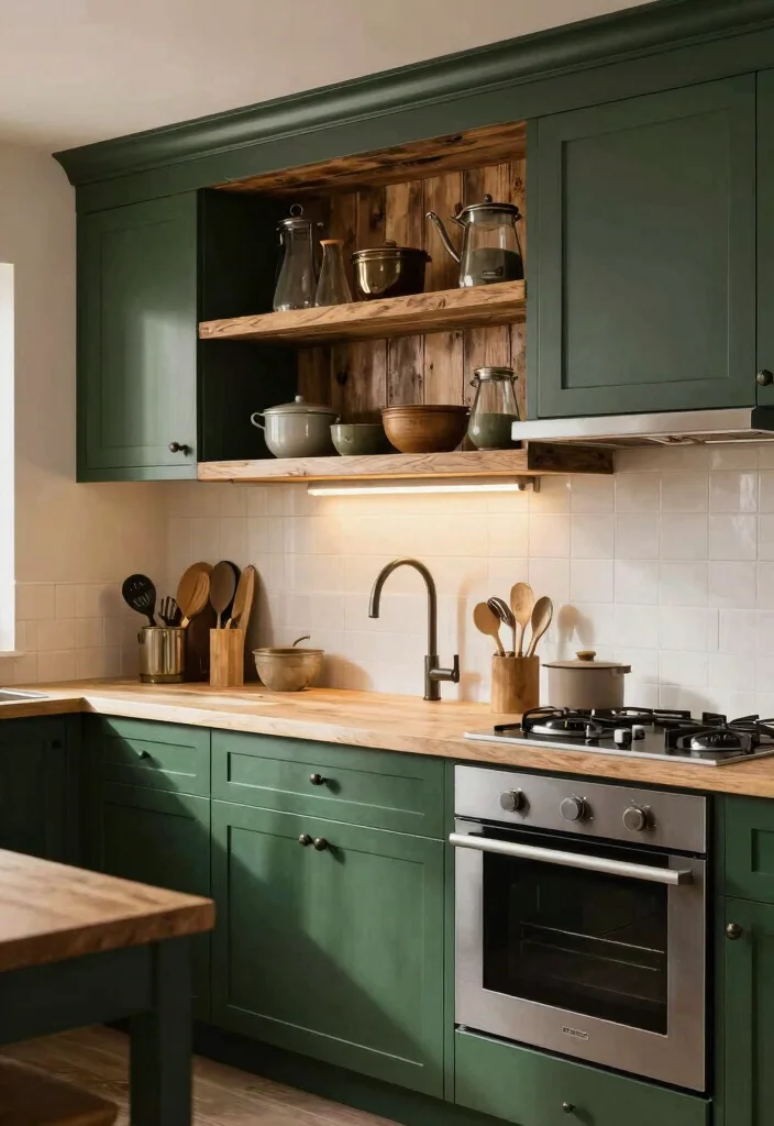 16 Dark Green Kitchen Cabinets Ideas With Moody Depth - 15. Rustic Farmhouse Meets Modern 1