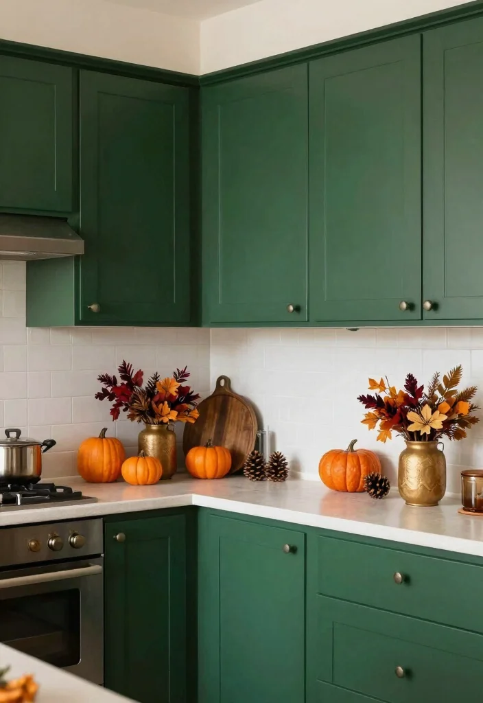 16 Dark Green Kitchen Cabinets Ideas With Moody Depth - 16. Seasonal Decor Adaptation 1