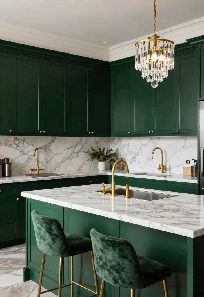 16 Dark Green Kitchen Cabinets Ideas With Moody Depth - 9. Glamorous Touch 1
