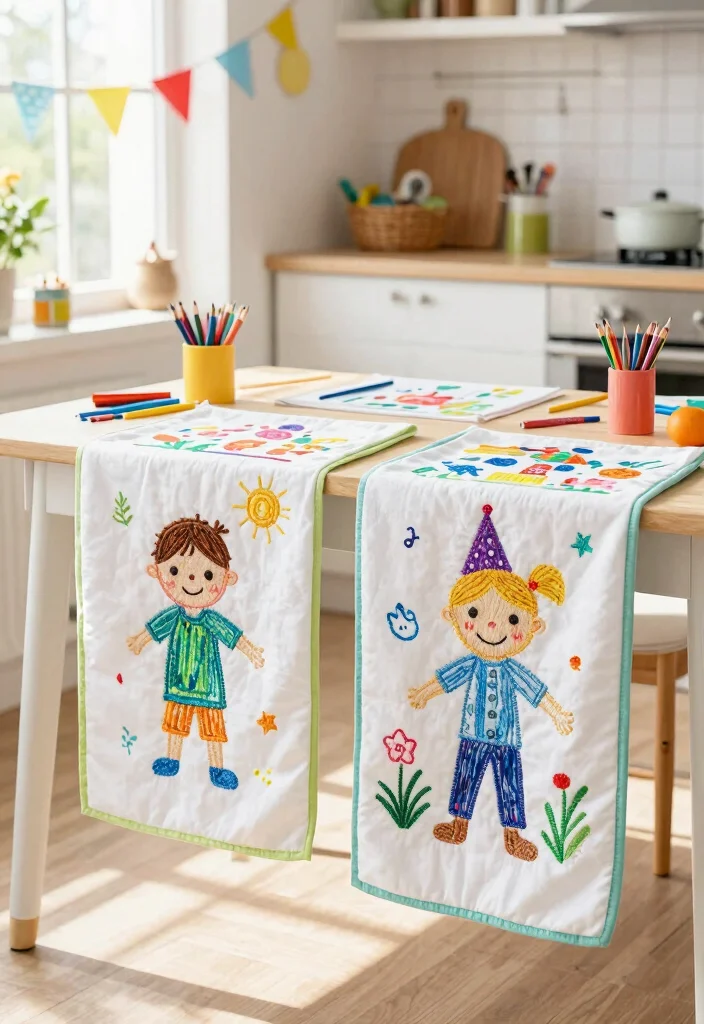 16 Embroidery Kitchen Towels Ideas With Handmade Detail 15 16 Embroidery Kitchen Towels Ideas With Handmade Detail - 15. Kids' Artwork Towels 1