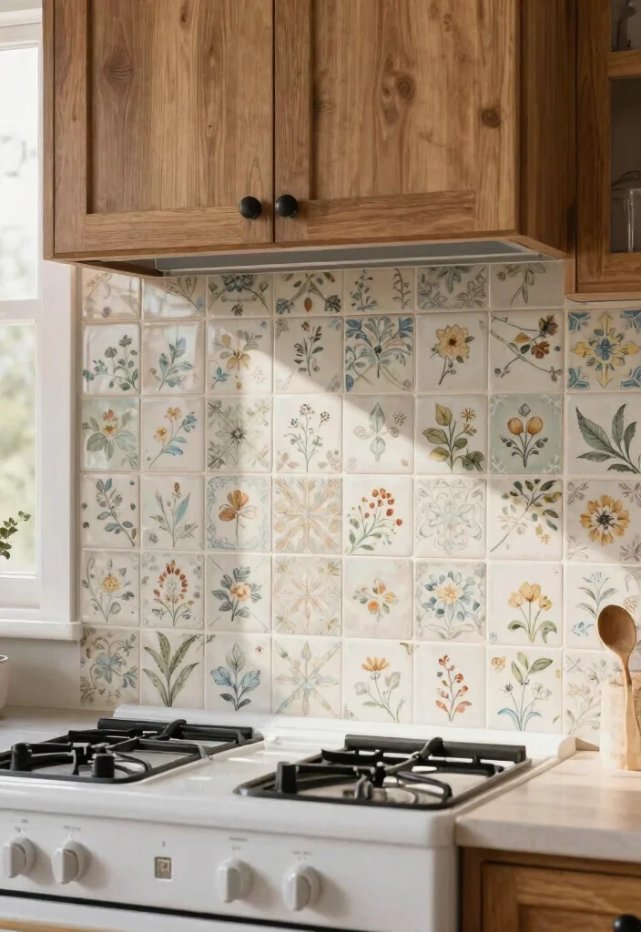16 Farmhouse Kitchen Backsplash Ideas With Rustic Charm - 3. Vintage Floral Tiles 1