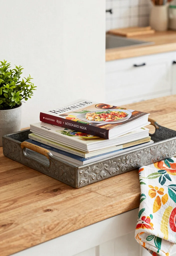 16 Kitchen Tray Decor Ideas That Elevate Countertops 14 16 Kitchen Tray Decor Ideas That Elevate Countertops - 14. Beautifully Arranged Cookbooks and Magazines 1