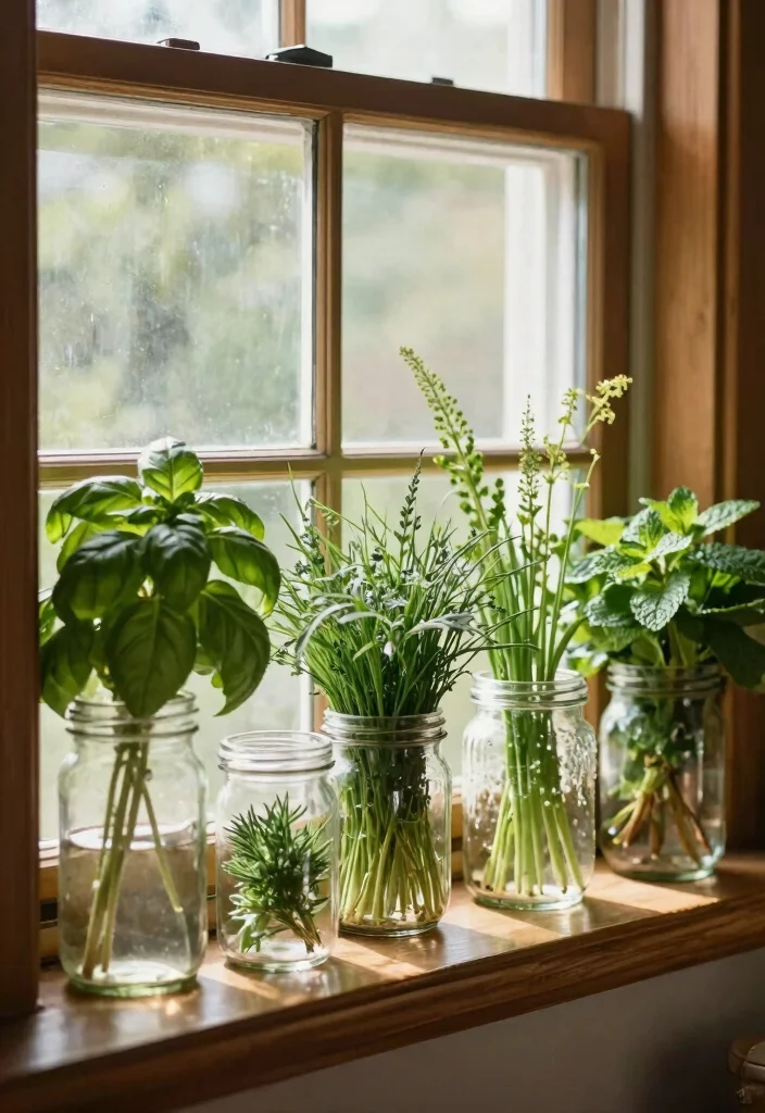 16 Kitchen Window Shelf Ideas With Practical Charm 4 16 Kitchen Window Shelf Ideas With Practical Charm - 4. Vintage Glass Jar Herb Holders 1