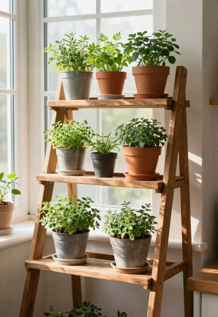 16 Kitchen Window Shelf Ideas With Practical Charm 7 16 Kitchen Window Shelf Ideas With Practical Charm - 7. Repurposed Ladder Shelf 1