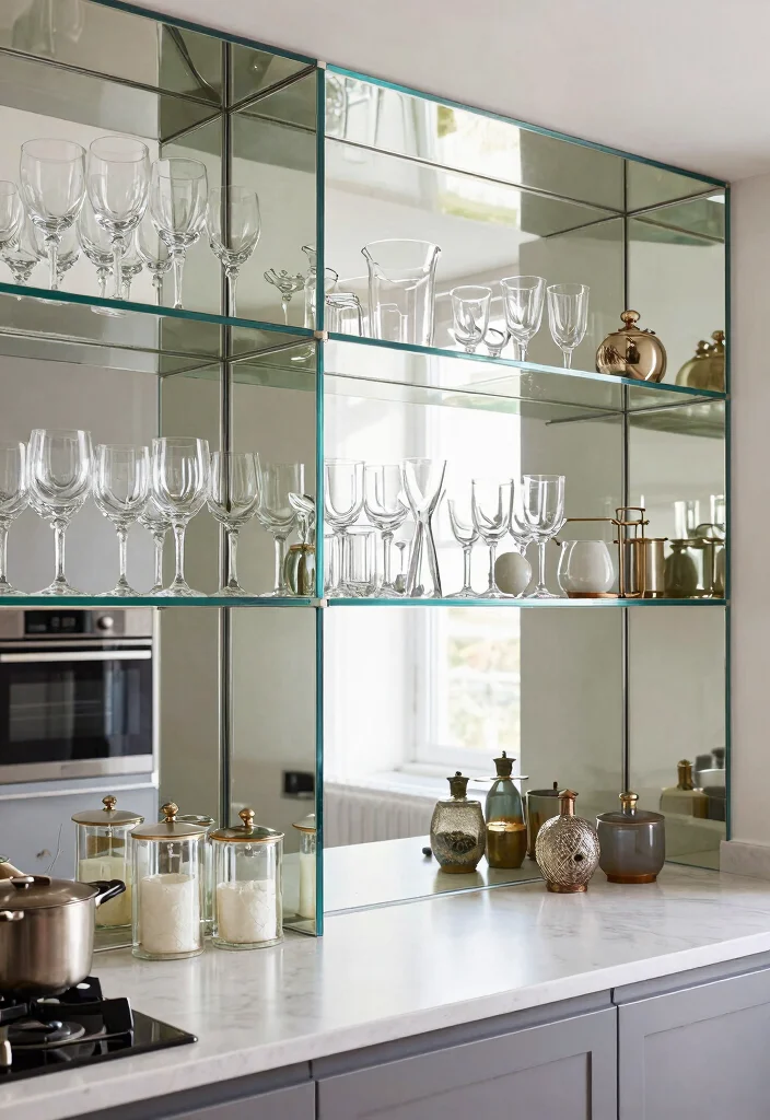 16 Kitchen With Shelves Ideas That Showcase Style 14 16 Kitchen With Shelves Ideas That Showcase Style - 14. Mirror Shelves for Enhanced Light 1
