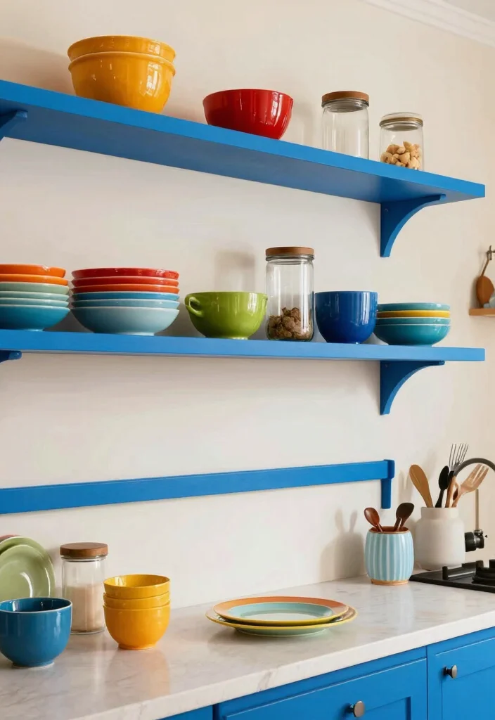 16 Kitchen With Shelves Ideas That Showcase Style 6 16 Kitchen With Shelves Ideas That Showcase Style - 6. Color-Coordinated Shelves for a Bold Statement 1