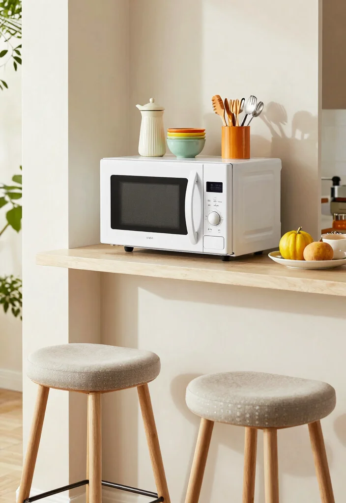 16 Microwave Ideas in Kitchen That Save Space Smartly 10 16 Microwave Ideas in Kitchen That Save Space Smartly - 10. Microwave Rack with Bar Stools 1
