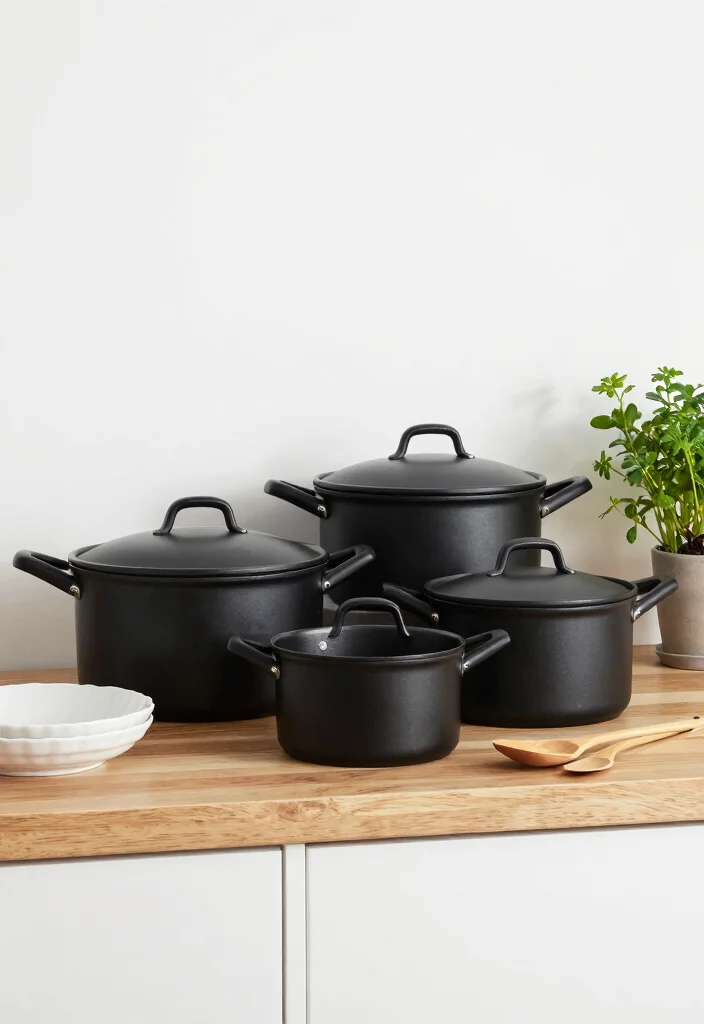17 Black Kitchen Accessories Ideas With Bold Touch - 1. Matte Black Cookware Set 1
