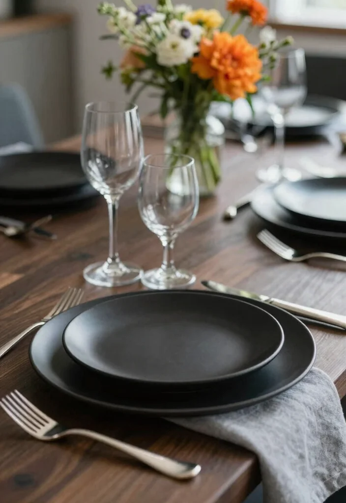 17 Black Kitchen Accessories Ideas With Bold Touch - 2. Black Stoneware Dinnerware 1