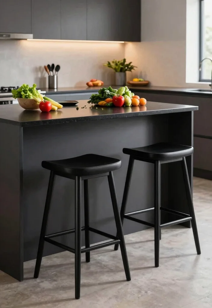 17 Black Kitchen Accessories Ideas With Bold Touch - 3. Bold Black Bar Stools 1