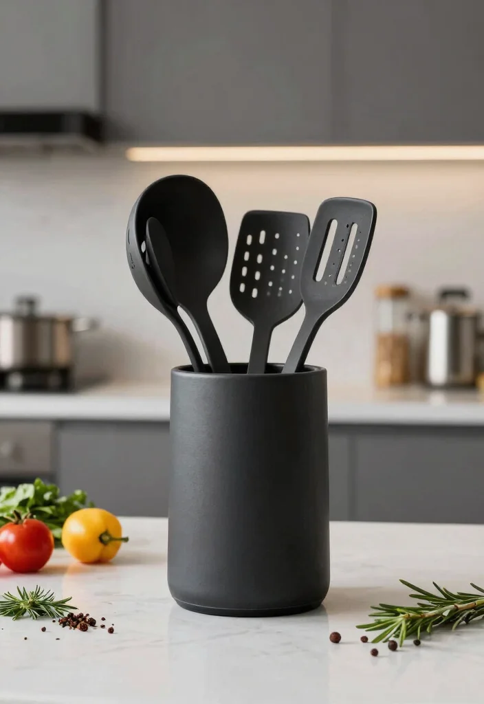 17 Black Kitchen Accessories Ideas With Bold Touch - 4. Black Cooking Utensils 1