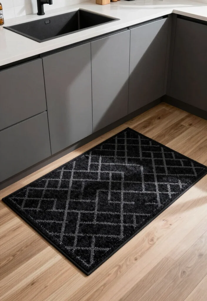 17 Black Kitchen Accessories Ideas With Bold Touch - 5. Black Accent Rugs 1