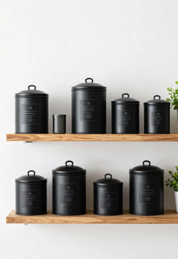 17 Black Kitchen Accessories Ideas With Bold Touch - 7. Stylish Black Canisters 1