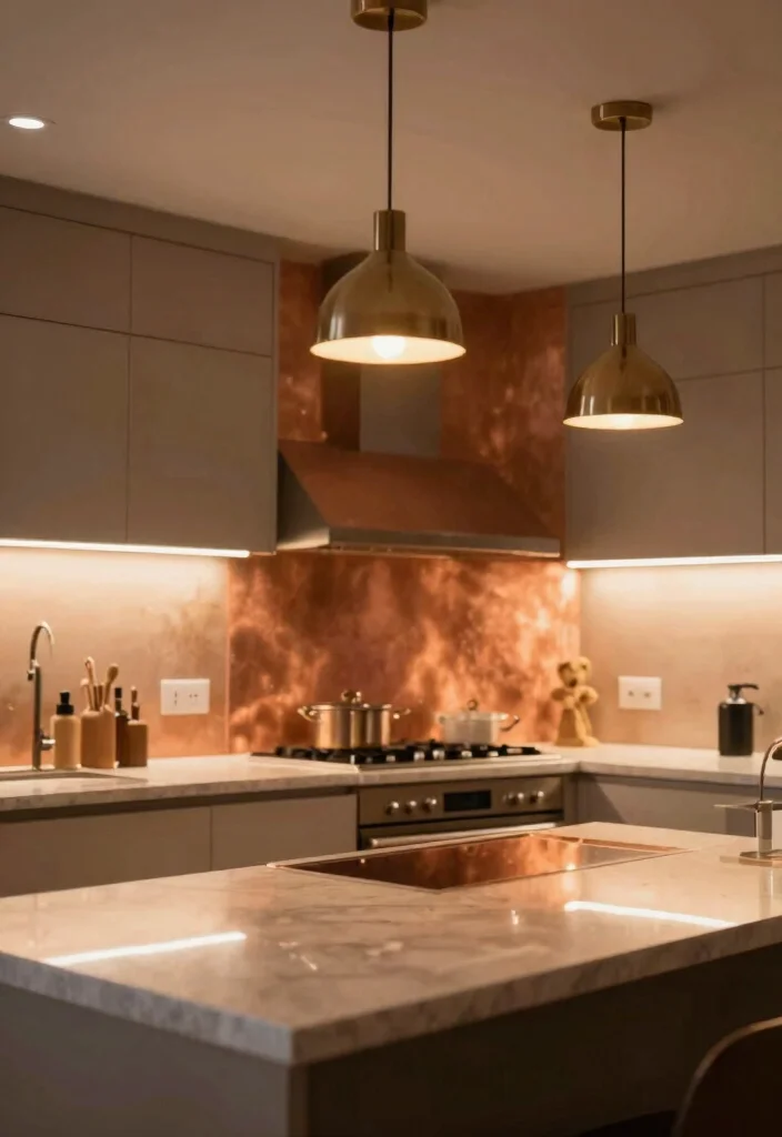 17 Copper Splashback Kitchen Ideas With Warm Shine 14 17 Copper Splashback Kitchen Ideas With Warm Shine - 14. Layering Lighting for Warmth 1