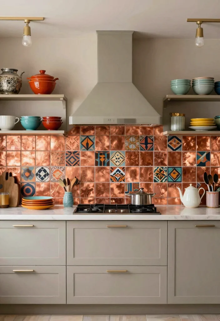 17 Copper Splashback Kitchen Ideas With Warm Shine 4 17 Copper Splashback Kitchen Ideas With Warm Shine - 4. Bold Patterns: Printed Copper Tiles 1