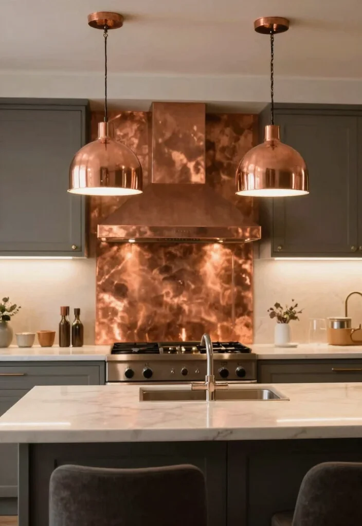 17 Copper Splashback Kitchen Ideas With Warm Shine 9 17 Copper Splashback Kitchen Ideas With Warm Shine - 9. Stylish Lighting to Complement Copper 1