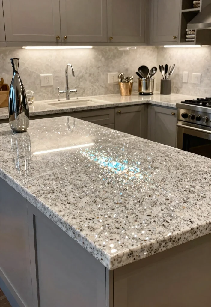 17 Kitchen Quartz Countertops Ideas With Durable Beauty 7 17 Kitchen Quartz Countertops Ideas With Durable Beauty - 7. Quartz with Embedded Glass or Metallics 1