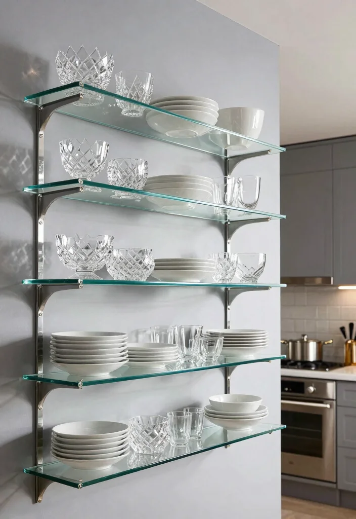 17 Open Shelf Kitchen Ideas With Airy Display 4 17 Open Shelf Kitchen Ideas With Airy Display - 4. Minimalist Glass Shelving 1