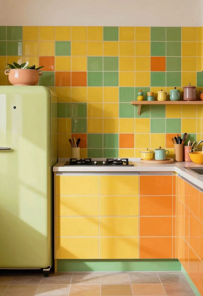 17 Painted Kitchen Tiles Ideas With Creative Color 3 17 Painted Kitchen Tiles Ideas With Creative Color - 3. Retro Color Blocks 1