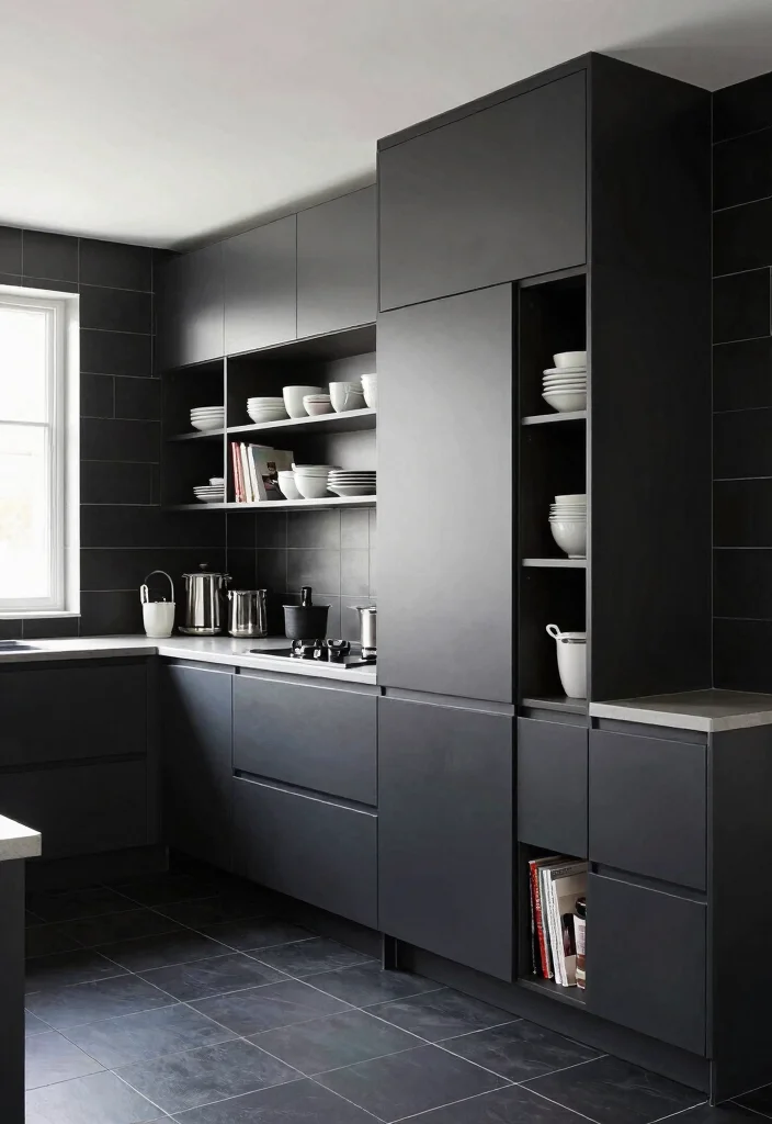 18 Black Tiles Kitchen Ideas With Dramatic Contrast 13 18 Black Tiles Kitchen Ideas With Dramatic Contrast - 13. Black Tiles with Smart Storage Solutions 1