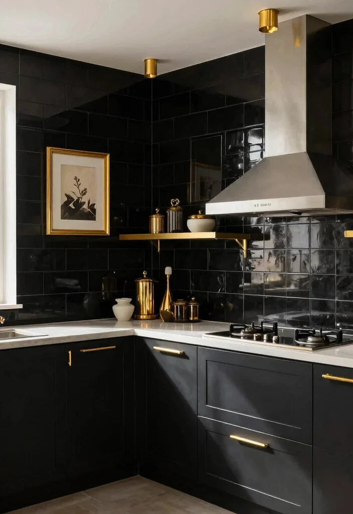 18 Black Tiles Kitchen Ideas With Dramatic Contrast 14 18 Black Tiles Kitchen Ideas With Dramatic Contrast - 14. Black and Gold Accents 1