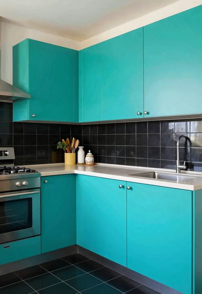 18 Black Tiles Kitchen Ideas With Dramatic Contrast 15 18 Black Tiles Kitchen Ideas With Dramatic Contrast - 15. Black Tiles as a Contrast for Colorful Cabinets 1