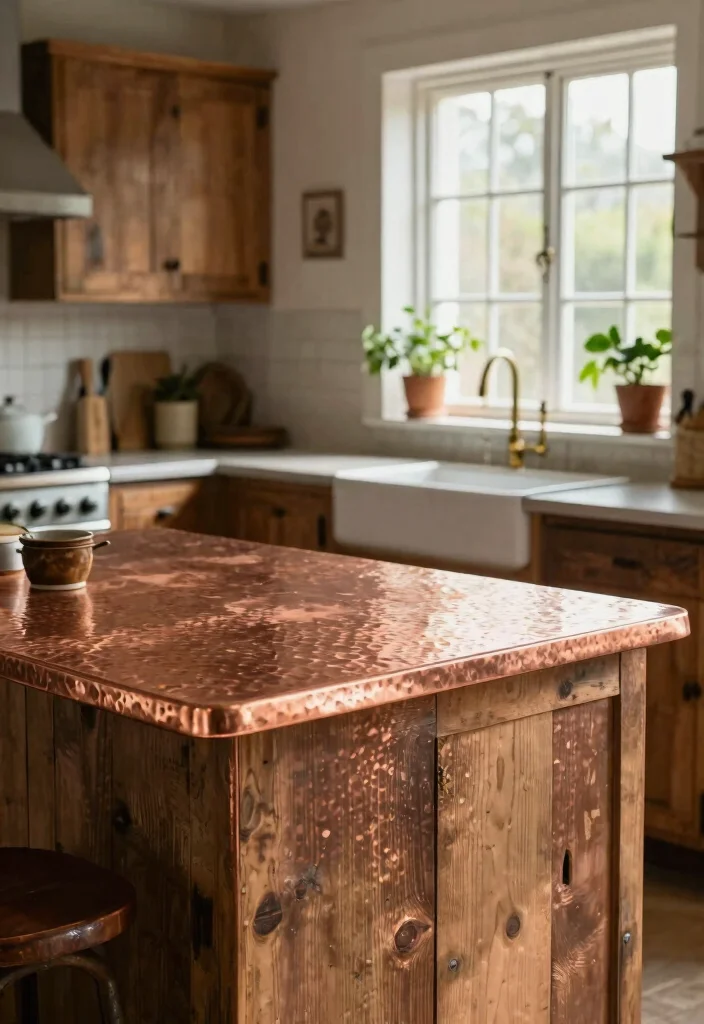 18 Copper Countertops Kitchen Ideas With Bold Character - 2. Rustic Hammered Finish 1