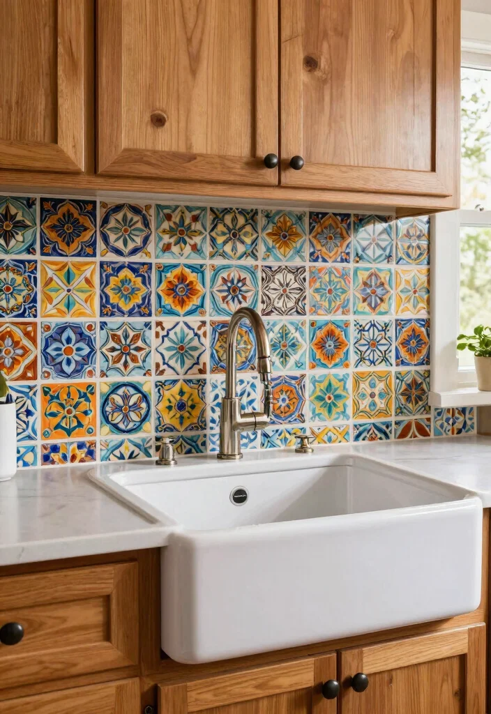 18 Farmhouse Kitchen Sink Ideas With Timeless Charm 12 18 Farmhouse Kitchen Sink Ideas With Timeless Charm - 12. Farmhouse Sink with Decorative Tile Backsplash 1