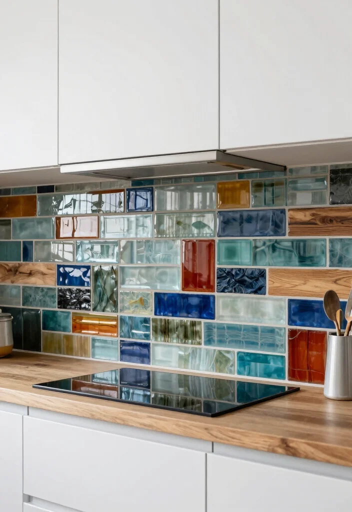 18 Glass Kitchen Backsplash Ideas With Sleek Shine 16 18 Glass Kitchen Backsplash Ideas With Sleek Shine - 16. Mixed Material Glass for Eclectic Appeal 1
