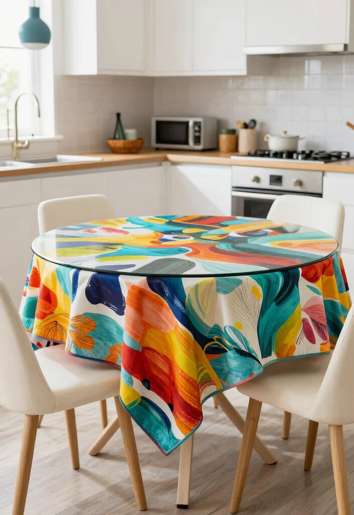 18 Glass Kitchen Table Ideas With Elegant Finish - 10. Glass Table with Artistic Tablecloth 1