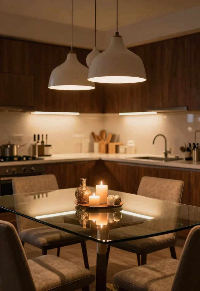 18 Glass Kitchen Table Ideas With Elegant Finish - 11. Glass Table with Warm Lighting 1