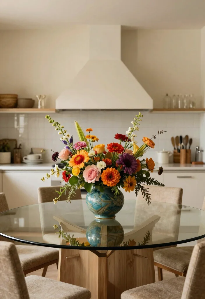 18 Glass Kitchen Table Ideas With Elegant Finish - 12. Glass Table with a Bold Centerpiece 1